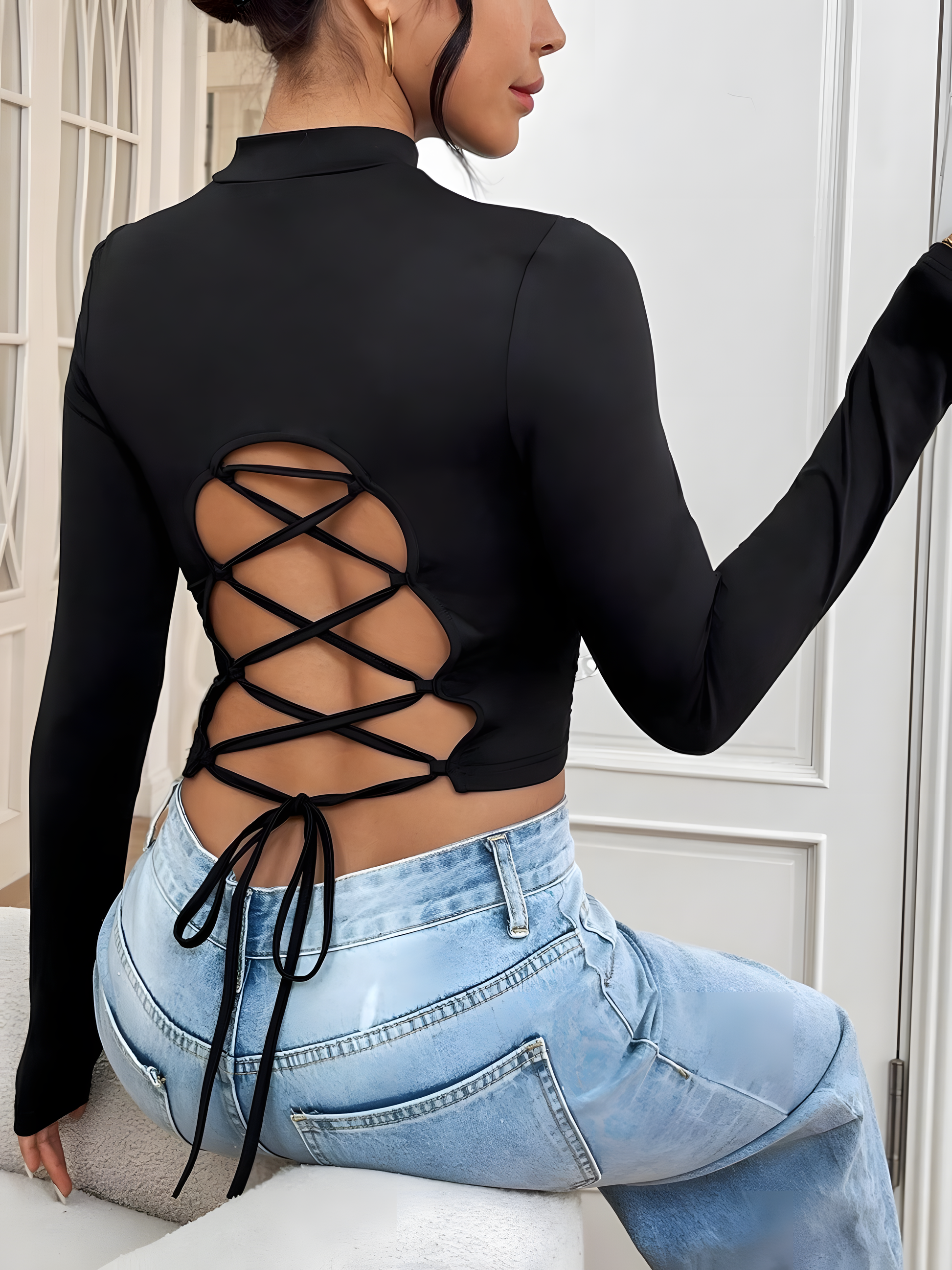 Velvet Night Tie-Back Turtleneck Top