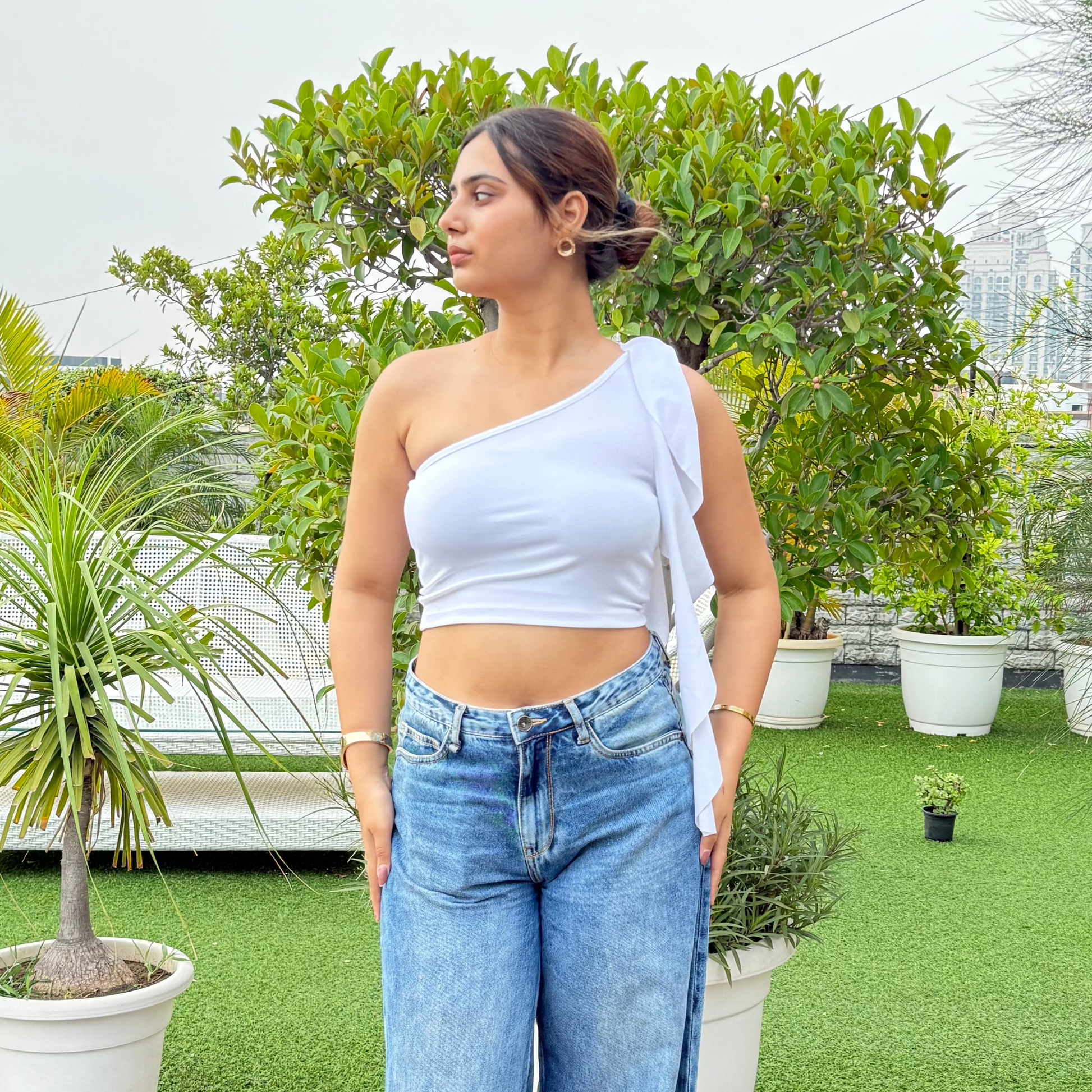 Ivory Cascade One-Shoulder Top
