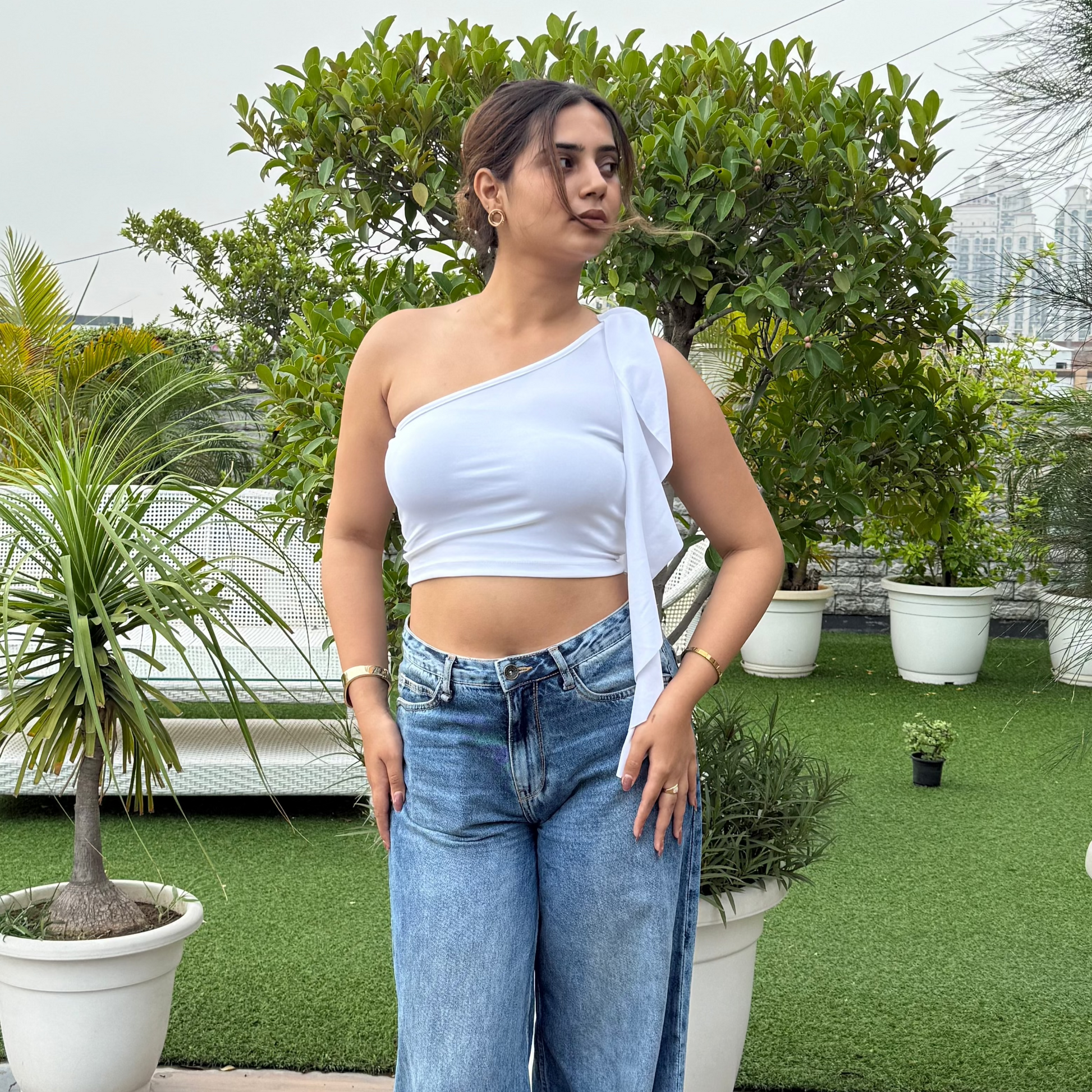 Ivory Cascade One-Shoulder Top