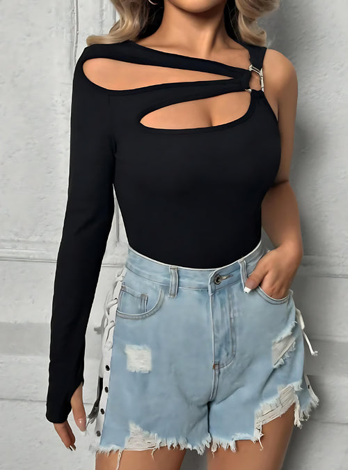 Black Cut Out Detail asymmetric Neck Crop Top