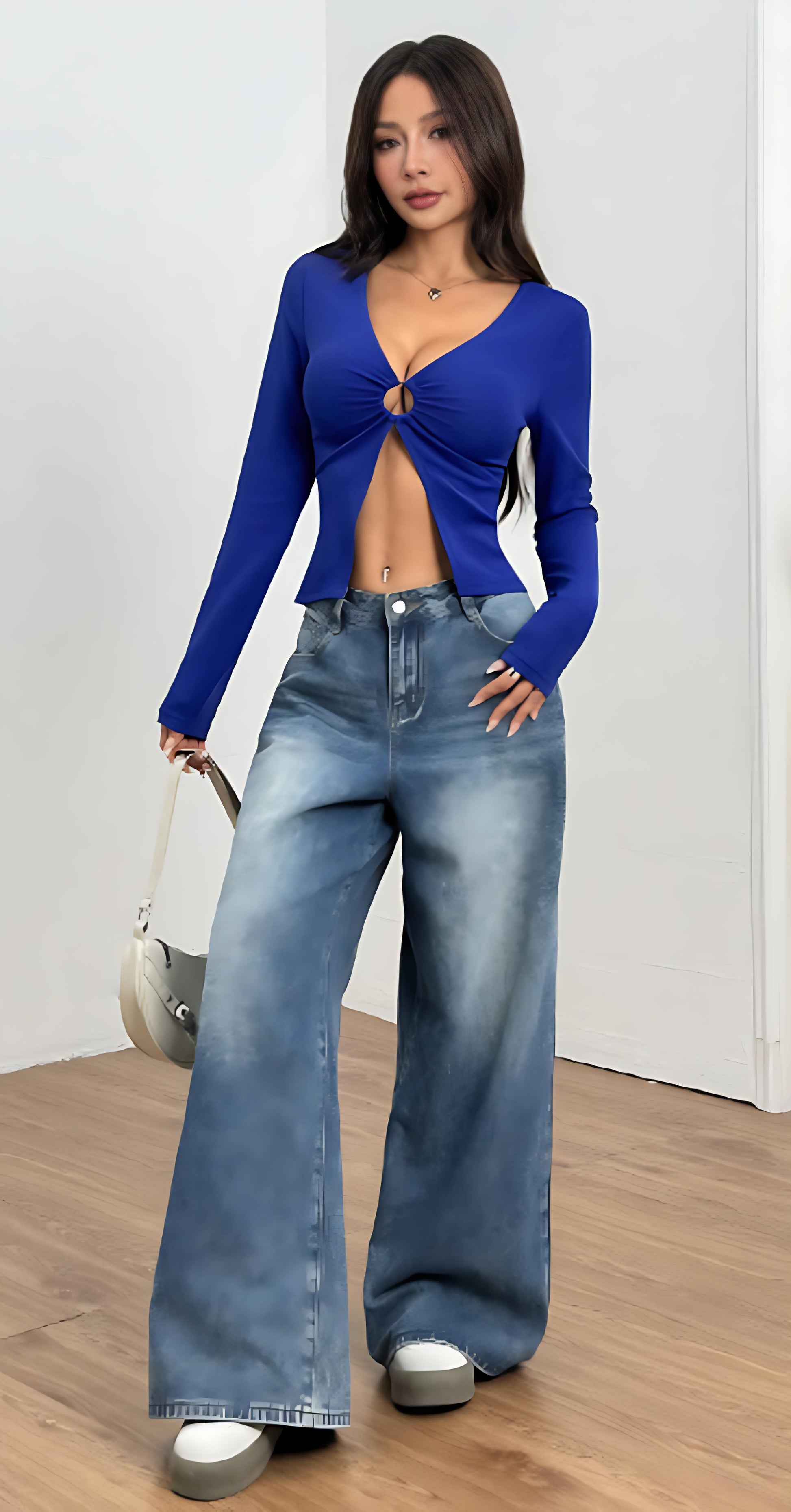 Blue Plunge Neck Aline Top