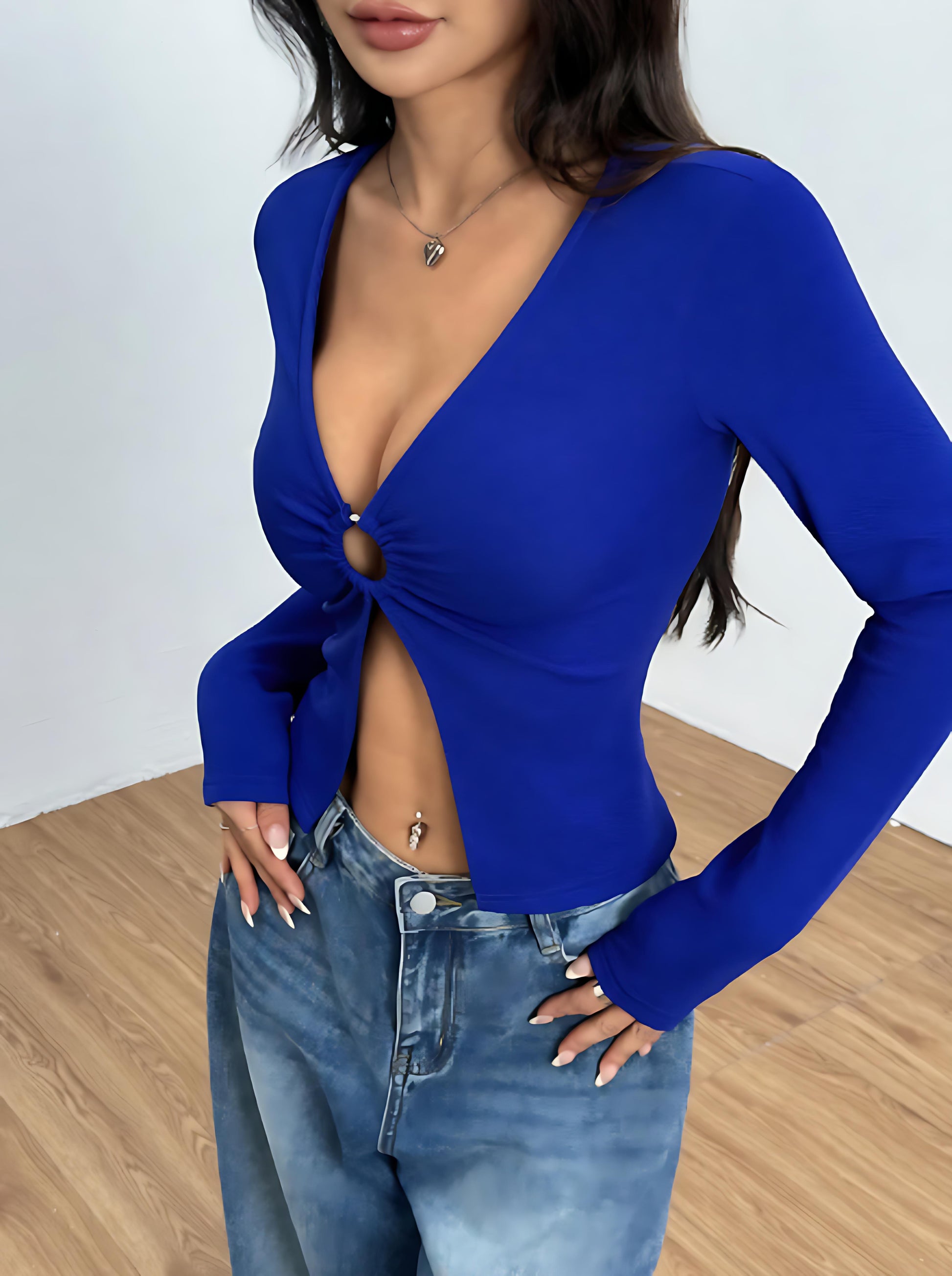 Blue Plunge Neck Aline Top