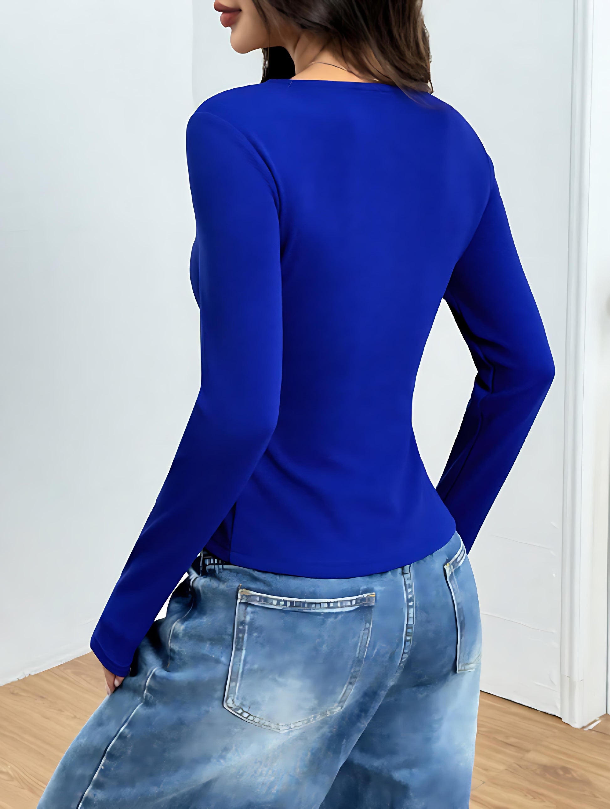 Blue Plunge Neck Aline Top