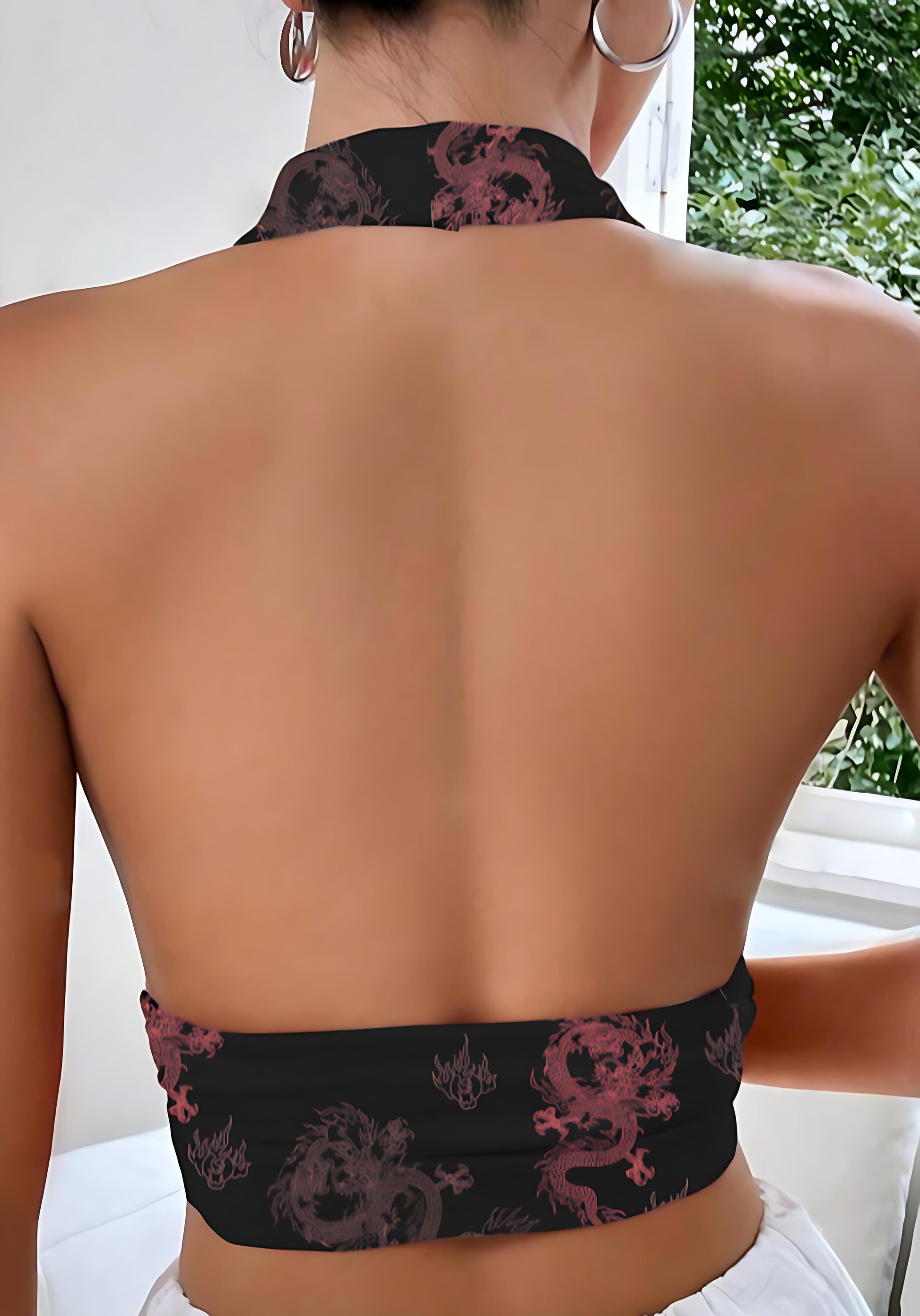 Dragon Print Deep Neck Backless Top