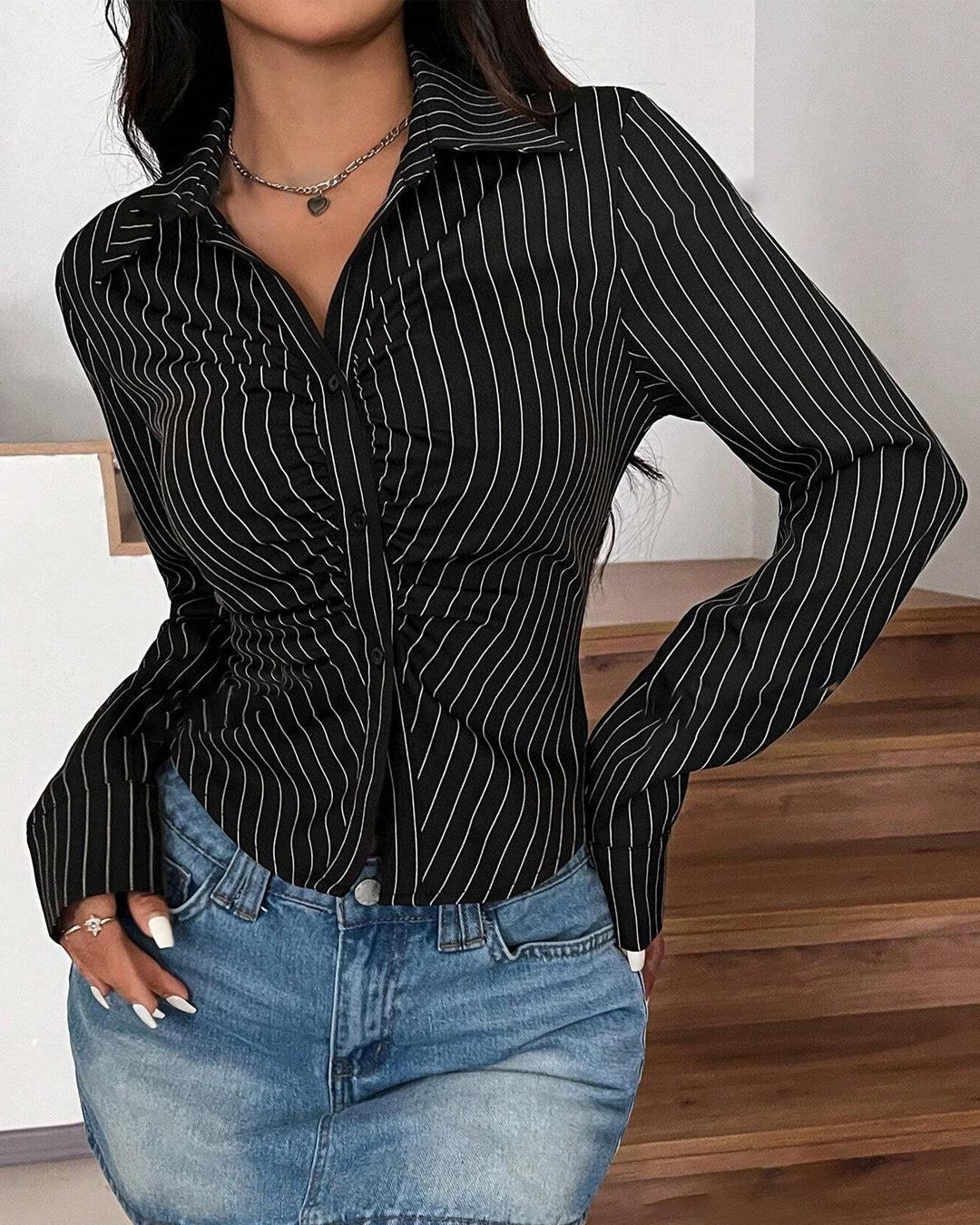 Striped Front Ruched Fitted Long Sleeve Shirt