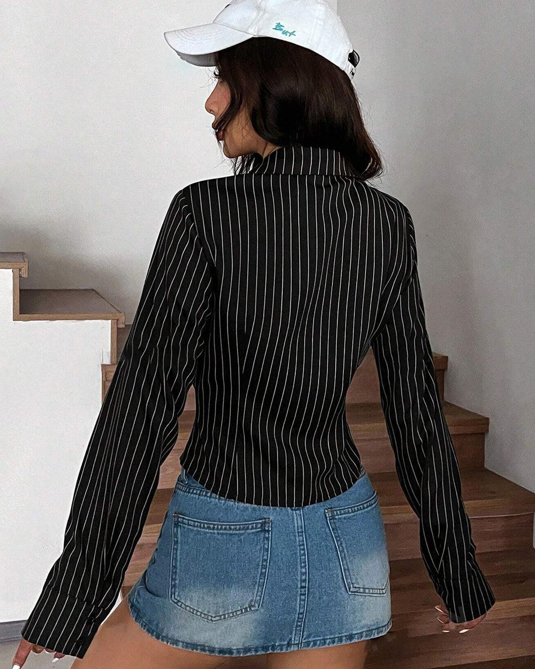 Striped Front Ruched Fitted Long Sleeve Shirt